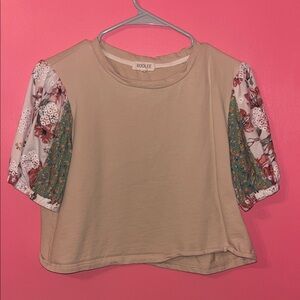 ROOLEE Tan Crop Top with Floral Sleeves